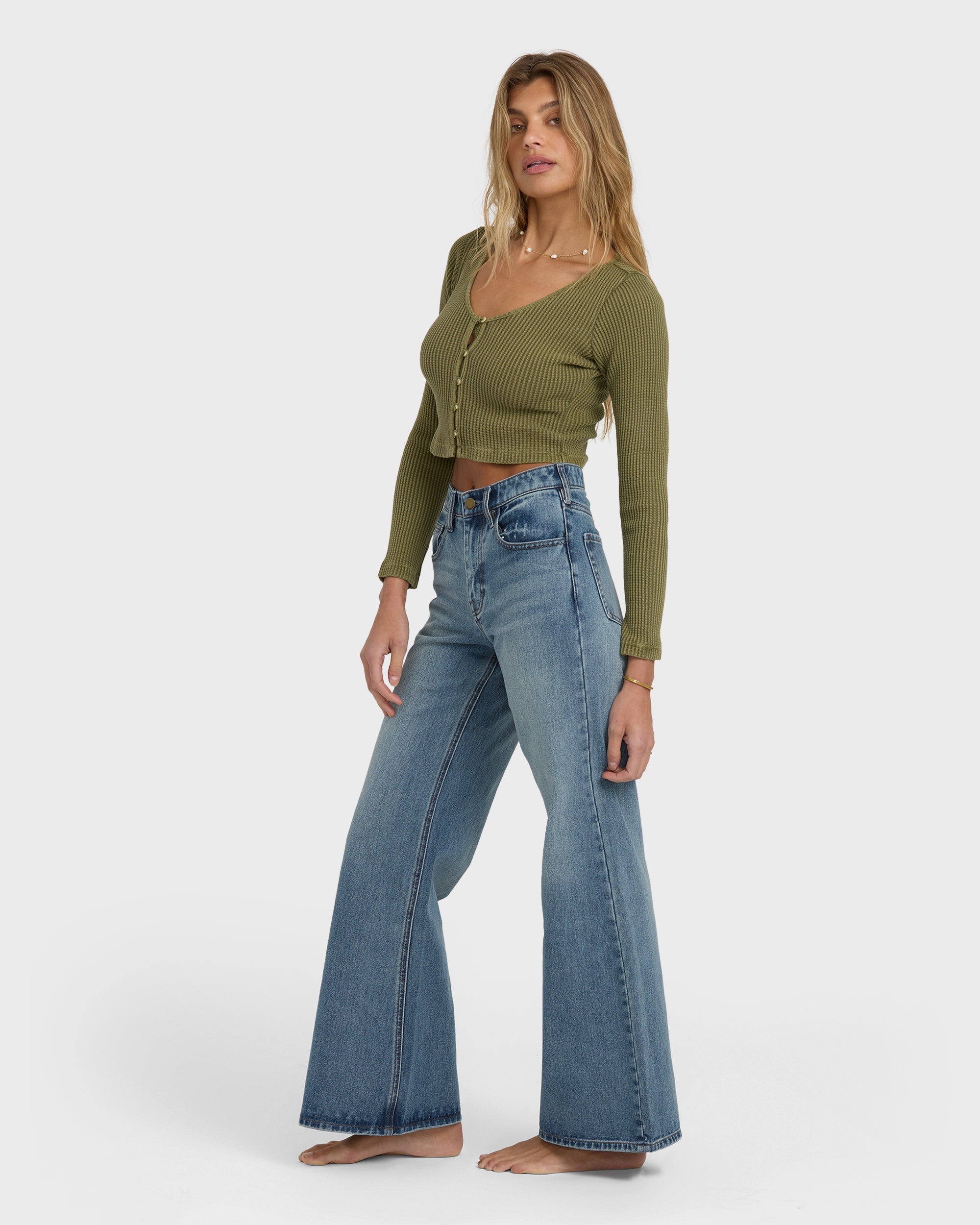 Free Fall High-Waist Denim Flare Pants - Atlantic Deep