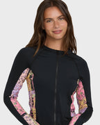 Dreamy Daze Zip Front UPF 50 Long Sleeve Rashguard - Black Pebble