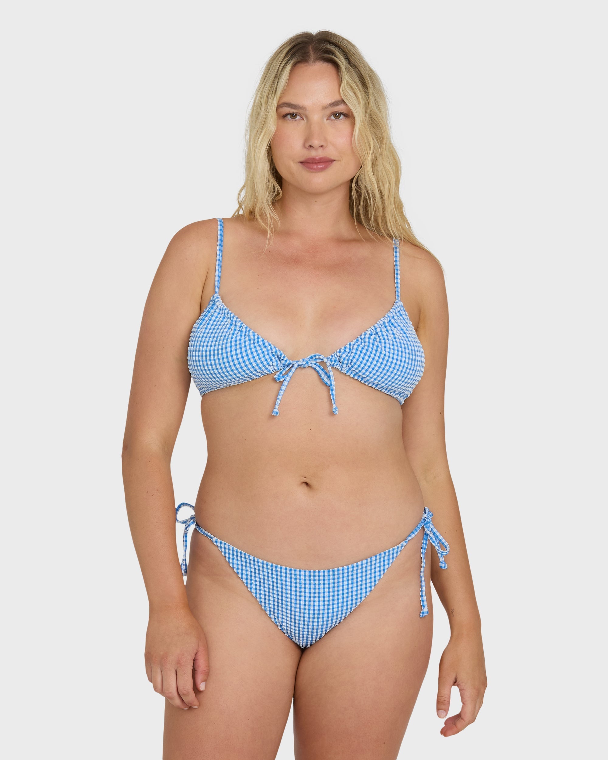 Mini Wave Check Tie-Side Tanga Bikini Bottoms - True Blue