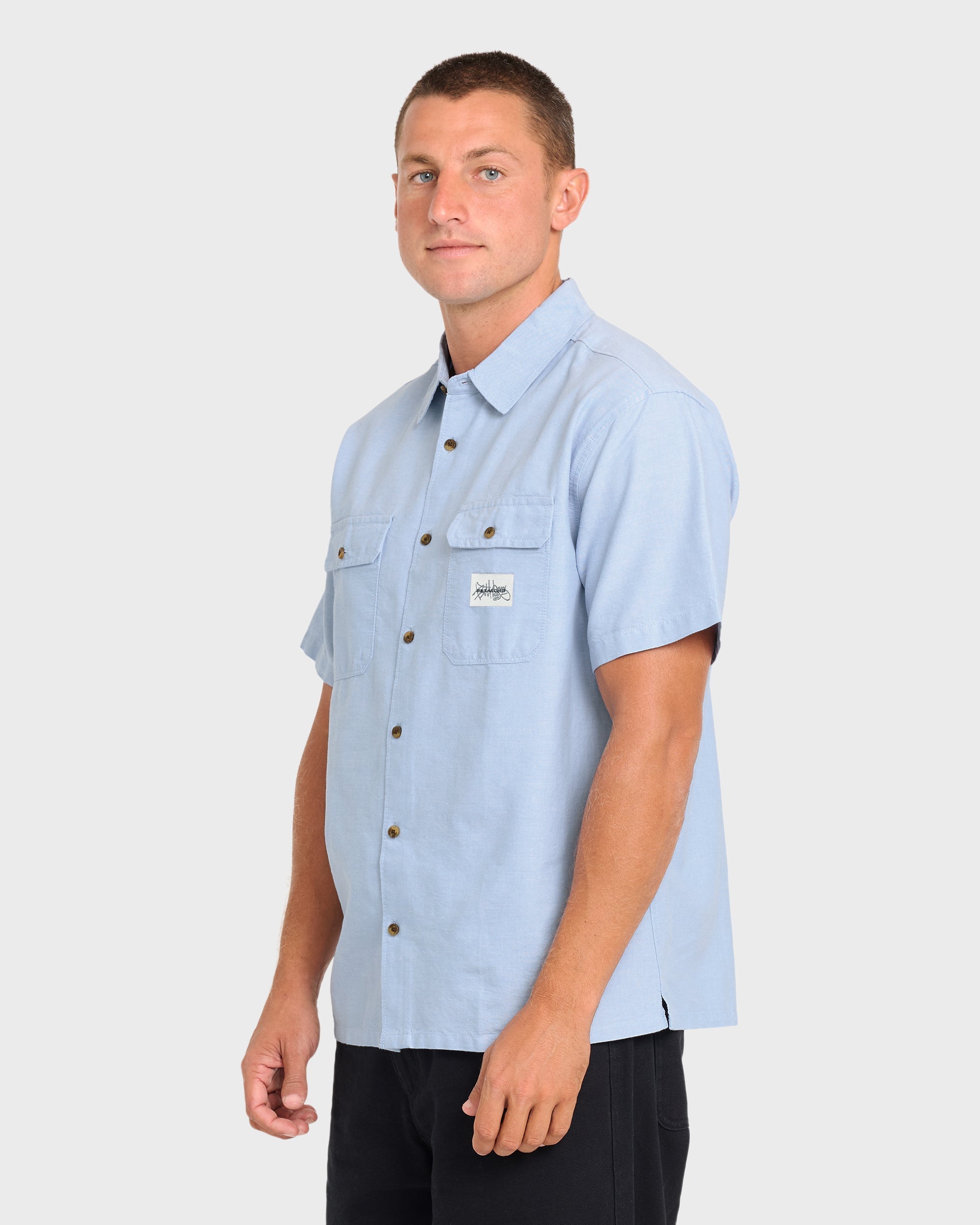 Bad Dog Short Sleeve Oxford Shirt - Blue Fog