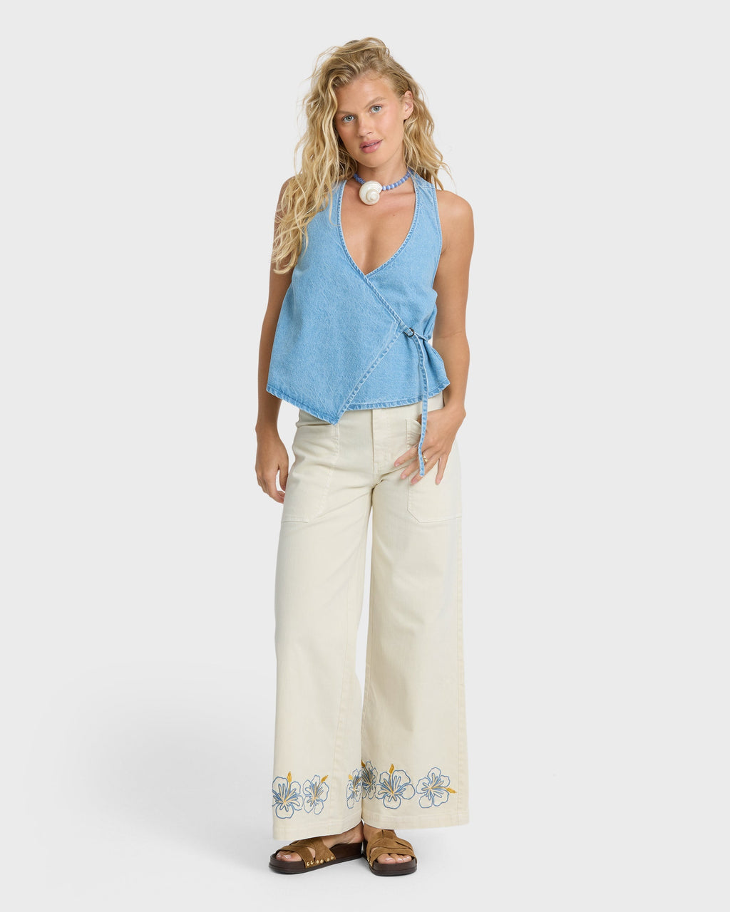 Hibiscus Wave 5-Pocket Pants - White Cap