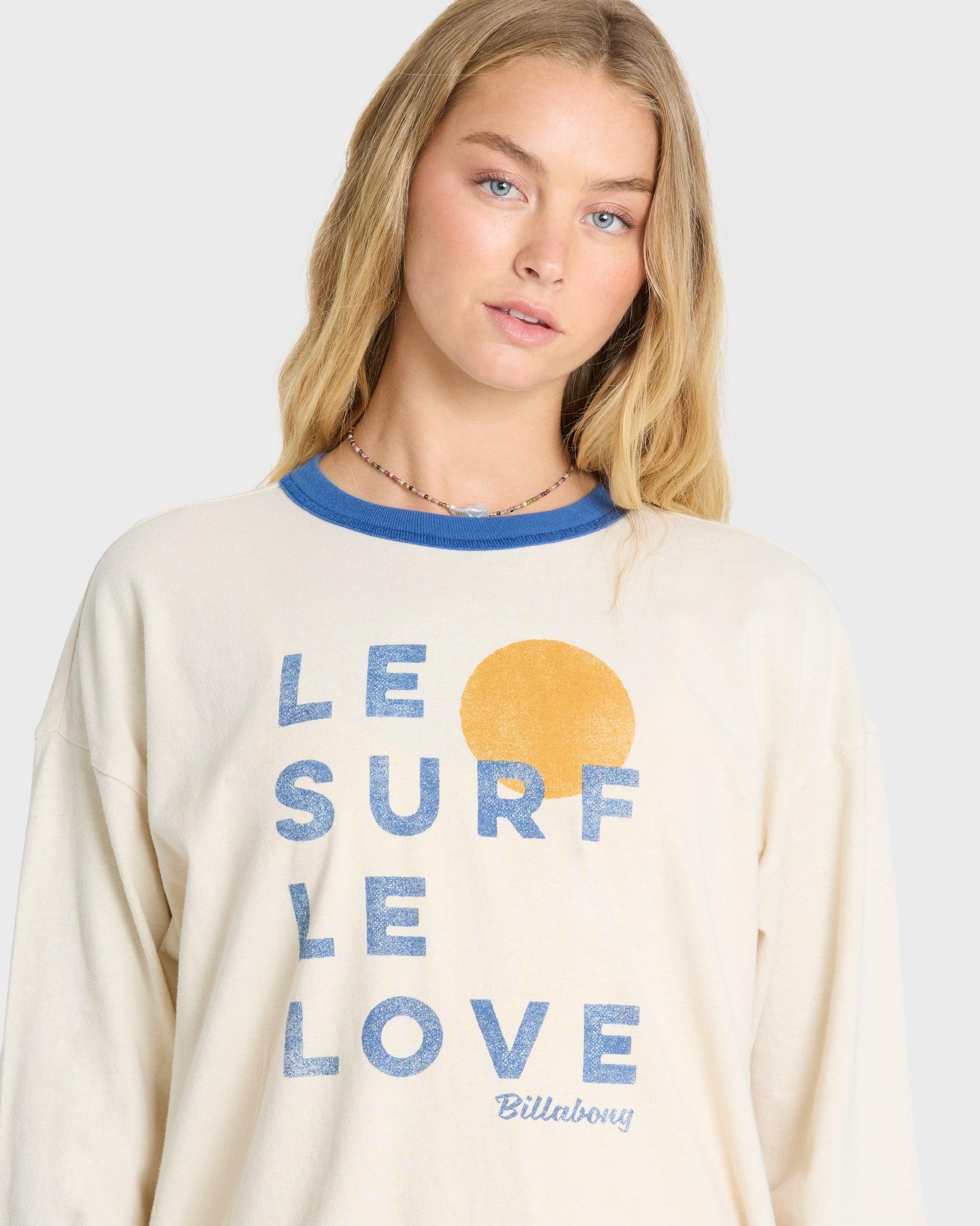 Le Love Surf Ringer Long Sleeve Cotton T-Shirt - White Cap
